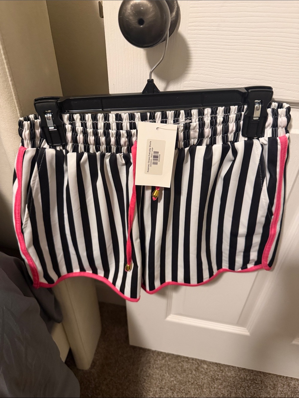 Striped Black & White Athletic Shorts with Pink Trim
